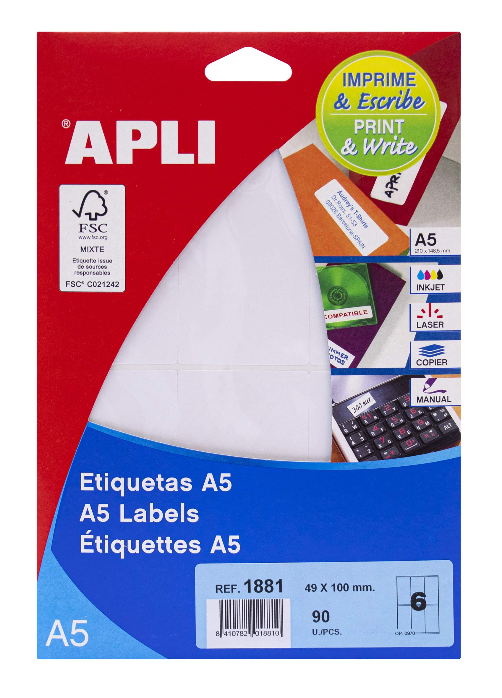 APLI 1881 - A5 White Labels 49 x 100 mm 15 Sheets