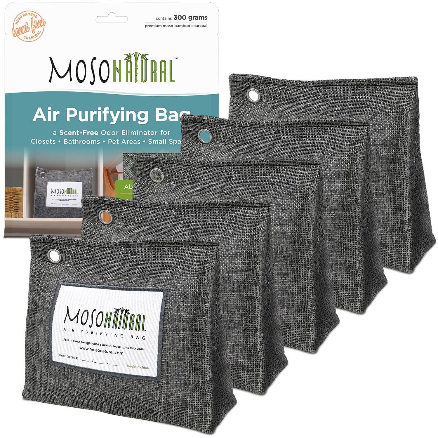 Moso Natural Air Purifying Bag 300g (10.58oz) Premium Bamboo Charcoal Odor Absorber for Home & Pet, Closet Odor Eliminator & Small Room Deodorizer, Charcoal Bags Last 2 Years, Unscented (5 Pack)