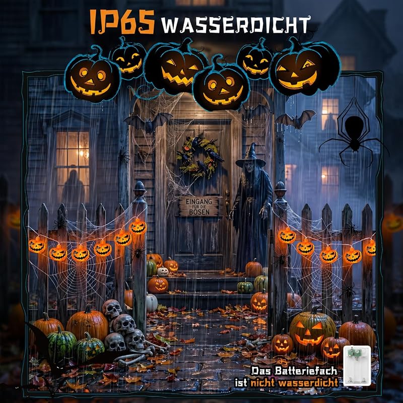 Halloween Lichterkette, 3M 20LED Kürbis Lichterkette Batterie Außen mit 6h Timer, IP65 Wasserdicht Jack-O-Lantern für Halloween Deko, Zombie Themen Partys
