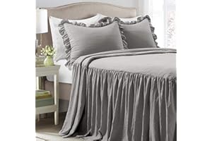 Lush Decor Ruffle Skirt Bedspread Set - 3 Piece Luxurious Farmhouse Bedding Set - Elegant, Charming Ruffle Detail - Timeless Style & Classic Design - Soft and Lightweight - King, Dark Gray