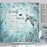 Beach Sea Turtle Bible Verse Shower Curtain, Cool Turtle on Blue Teal Coastal Nautical Theme Shower for Bathroom, Underwater Animal Fish Seashell Jellyfish 70X70IN