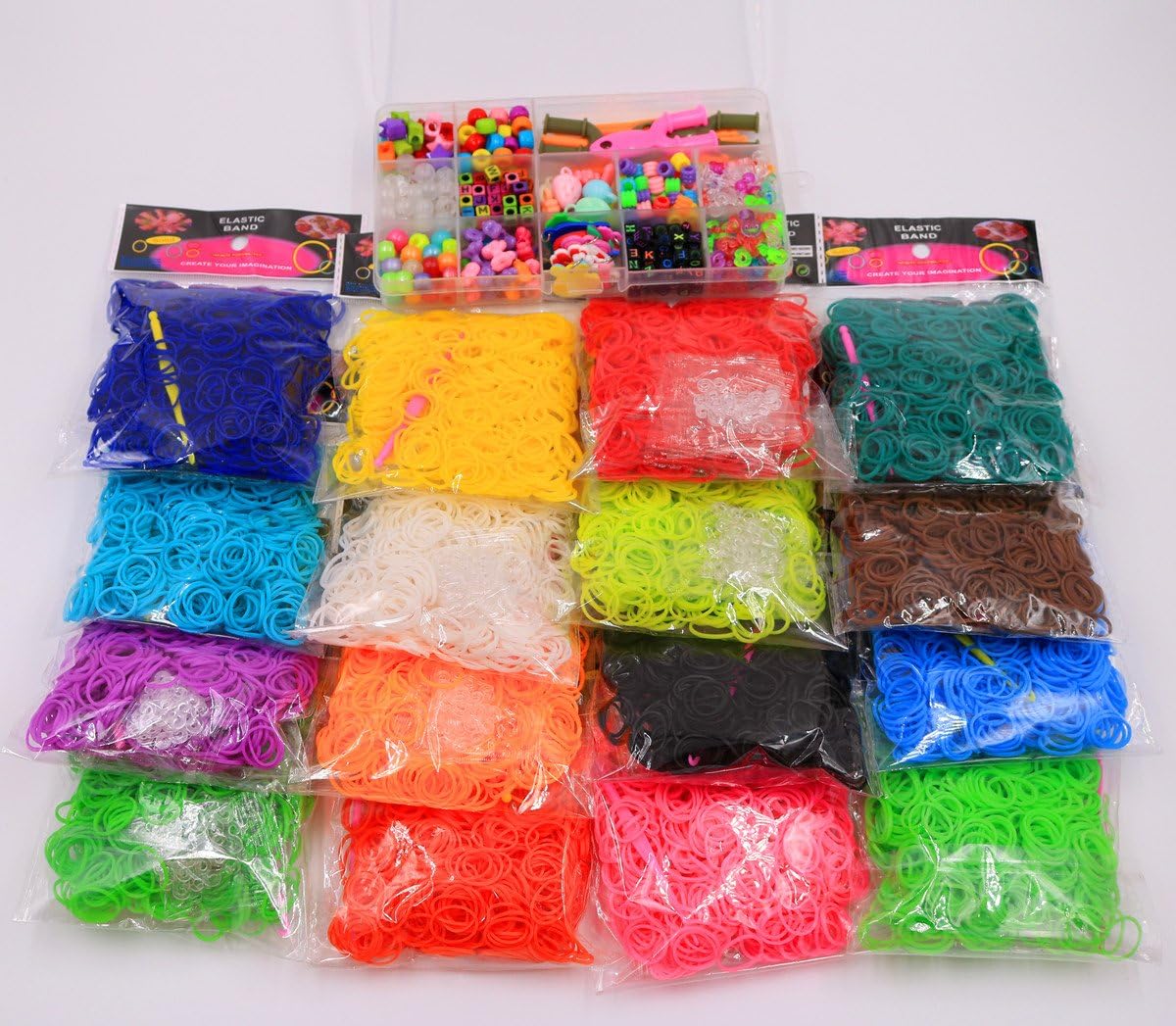 Colorful Loom Bands DIY Refill Rubber Bands Kit 16 Different Colors 9600PCS 384 S Clips 16 Hooks