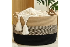KAKAMAY Large Blanket Basket (20"x13"),Woven Rope Baskets for storage Baby Laundry Hamper, Cotton Rope Blanket Basket for Living Room, Laundry, Nursery, Pillows,Baby Toy chest (Jute/Black)