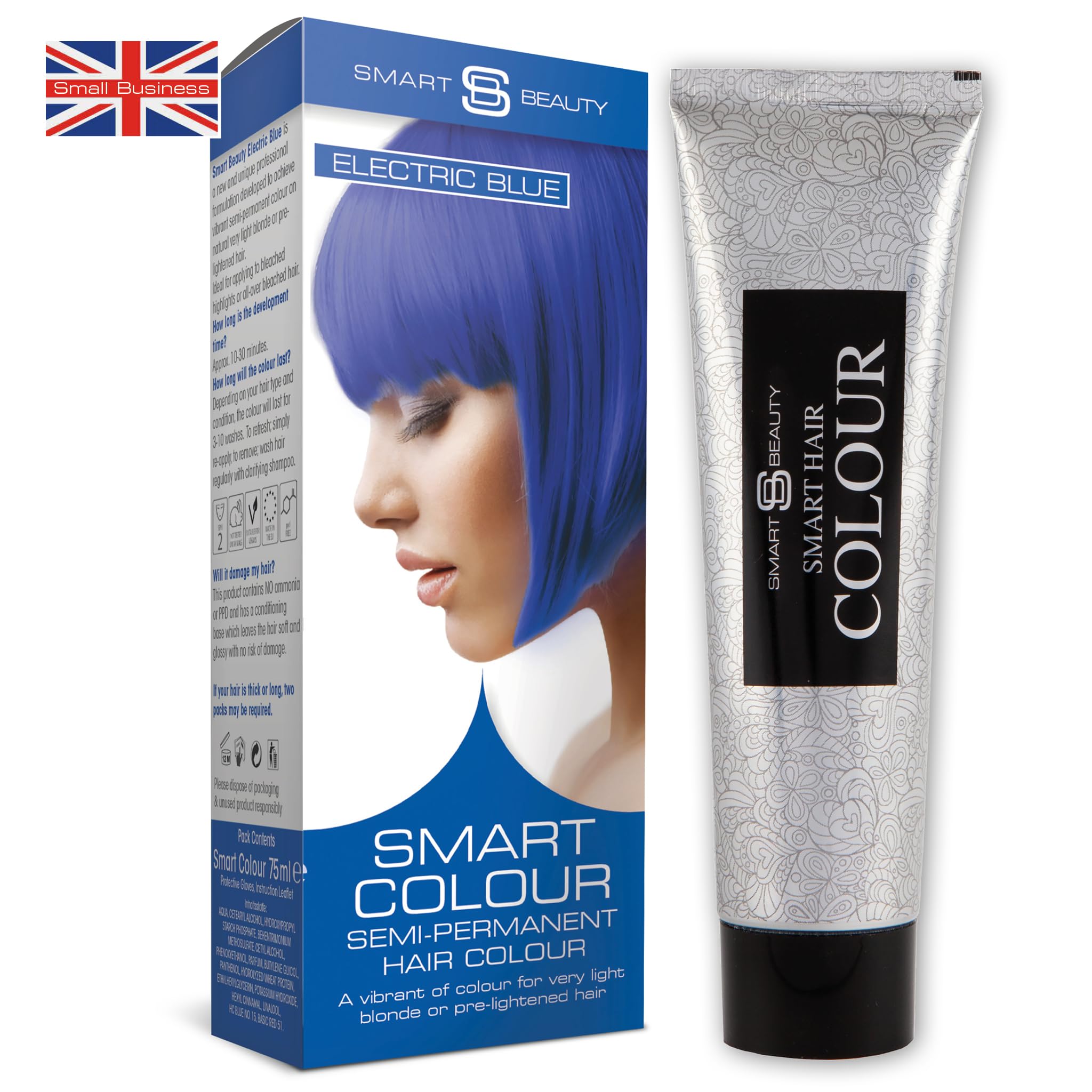 Electric Blue Hair Dye semi permanent hair dye kit for light blonde hair, bright blue hair colour - ammonia, paraben, sulphate and PPD free hair dye 100% vegan, cruelty free formulation, Smart Beauty