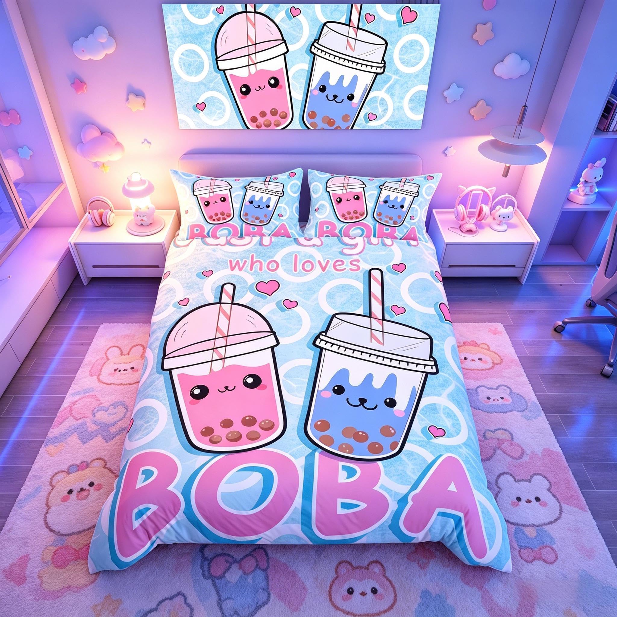Loussiesd Boba Duvet Cover Just a Girl Who Loves Boba Comforter Cover Kawaii Bubble Tea Stuffed Bedding Set for Kids Adults Cartoon Boba Bedspread Cover Single Zipper Boys — image 1
