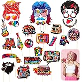 29Pcs Photo Booth Props 80s Party Decorations, Disco Photo Booth Props with 30Pcs Wooden Dowel Sticks 30Pcs Glue Points, Colorful 80s Theme Party Decorations