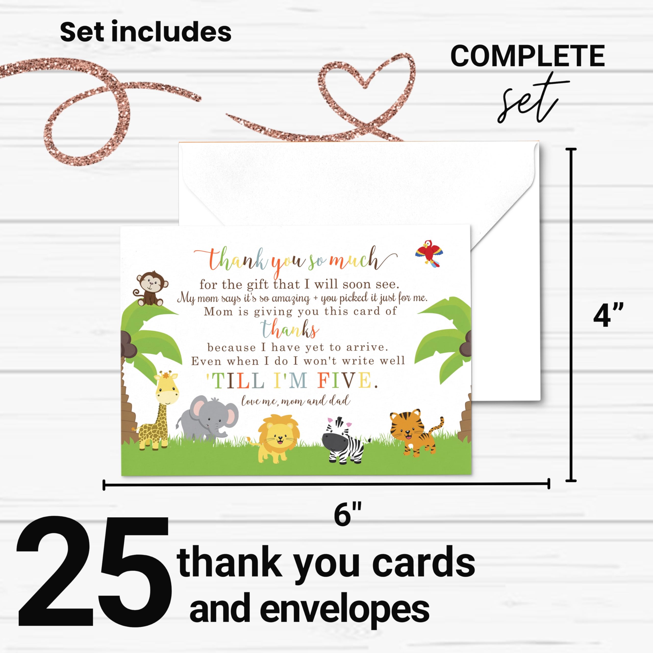 Cute Jungle Baby Shower Thank You Cards with Envelopes (25 Pack) Preprinted Message from Baby Boys or Girls with Customizable Space for Handwritten Note from New Parents, 4x6 Double-Sided Card