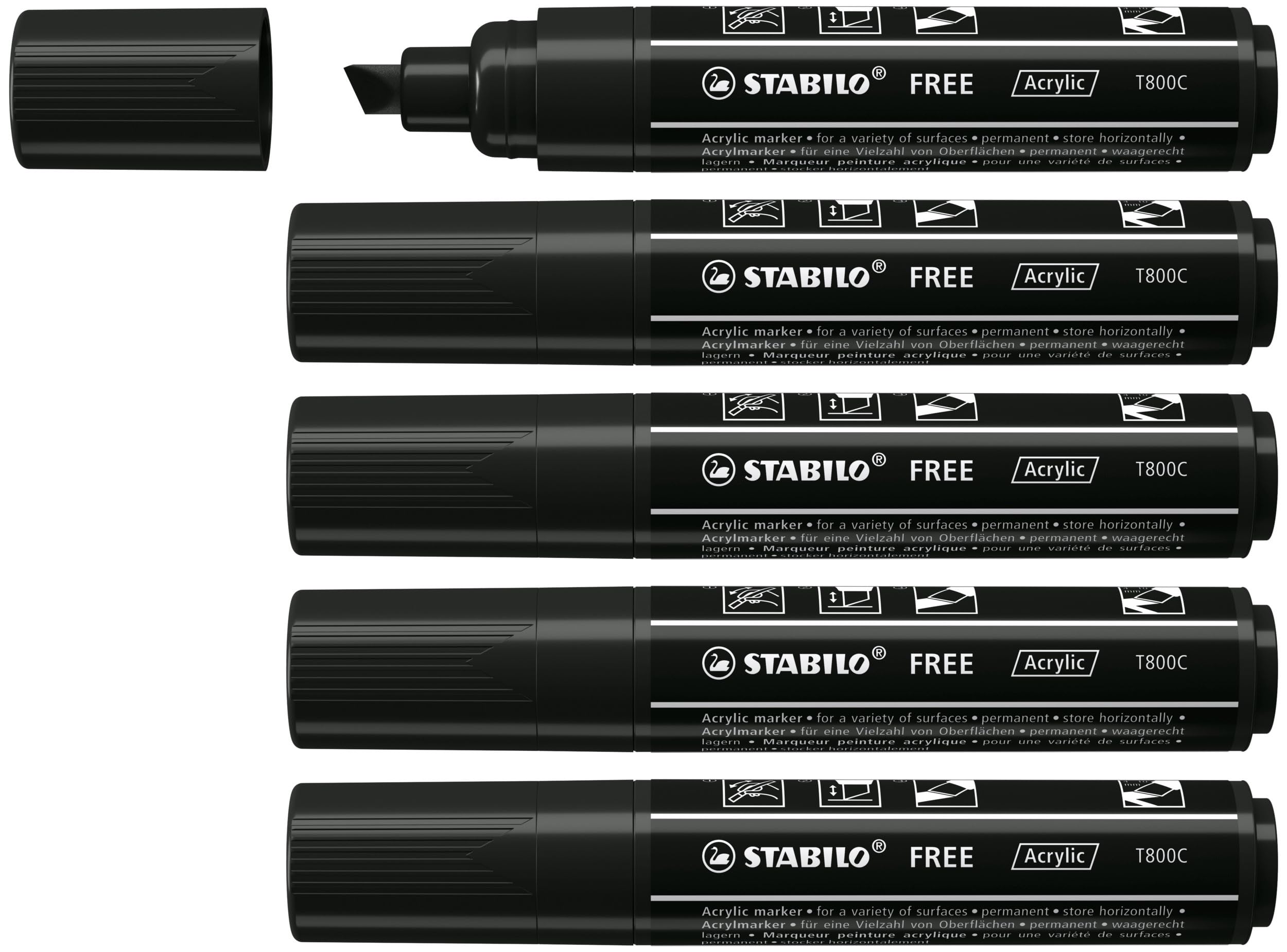 STABILO FREE - Acrylic Marker - ARTY - T800C Chisel Tip 4-10mm - Pack of 5 - Black