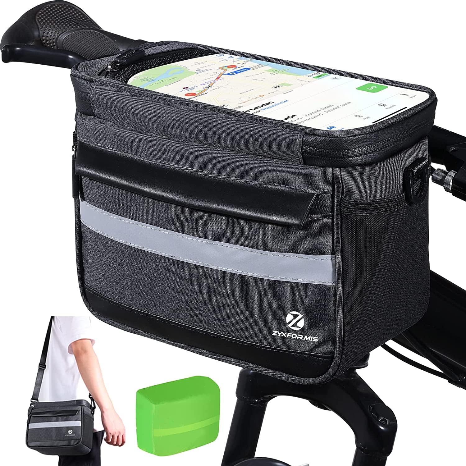 Zyxformis Bike Handlebar Bag, 6L Phone Cycling Mount Front Bags with TPU Touch Screen Phone Holder, Water Resistant Bicycle Storage Bag Bicycle Basket with Reflective Strip for Bike Scooter E-Bike