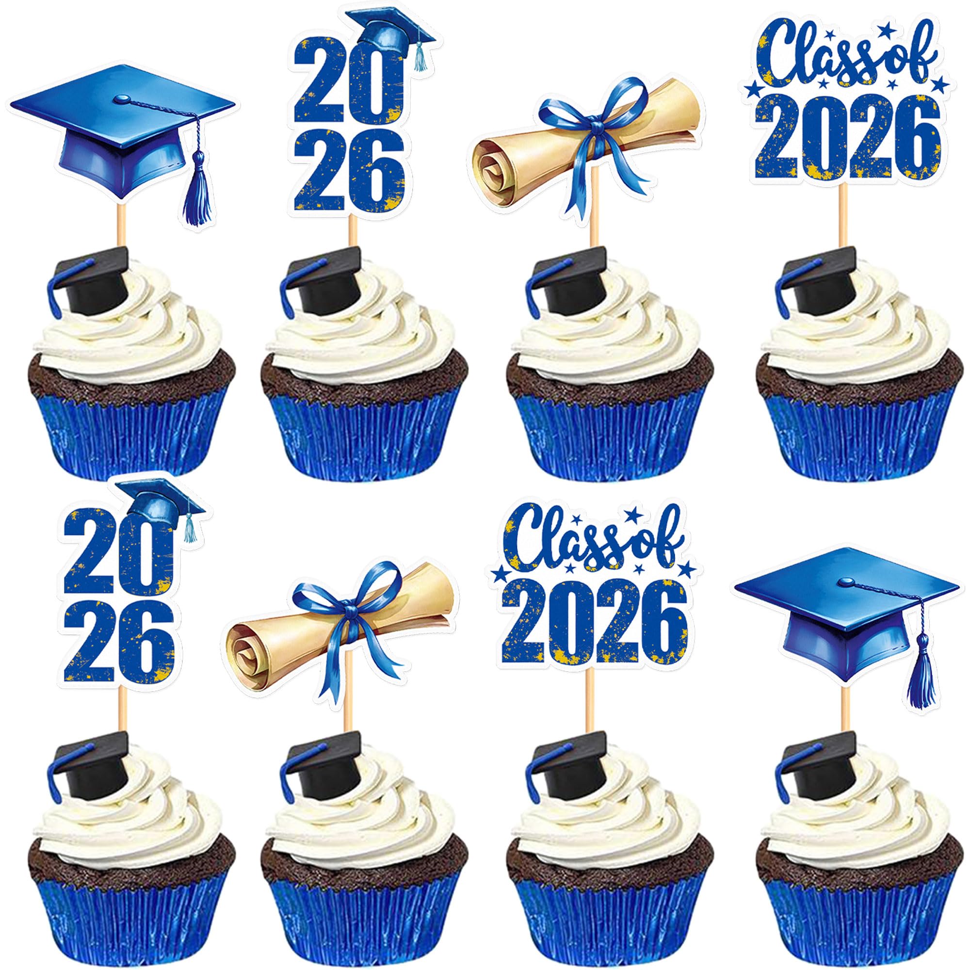 Blumomon 32 Pcs Royal Blue Class 2026 Graduation Cap Diploma Cupcake Toppers Master 2026 Graduation Cupcake Topper Master Graduation Congratulations Party Decoration