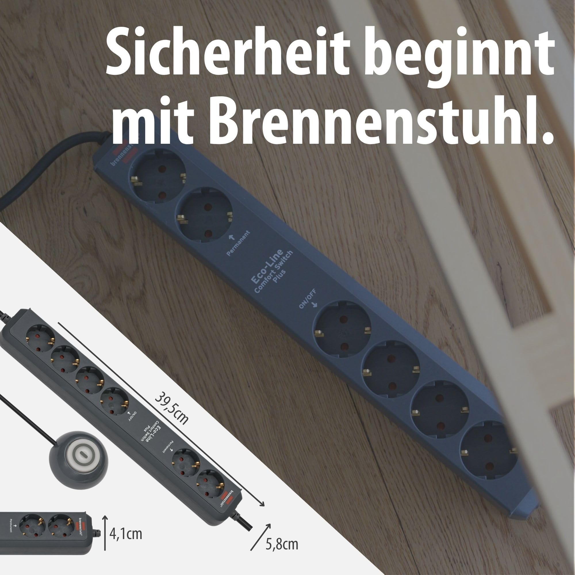 Brennenstuhl Eco-Line Comfort Switch Plus Steckdosenleiste 6-Fach (Mehrfachsteckdose mit 2 permanenten und 4 schaltbaren Steckdosen, beleuchteter Fußschalter) anthrazit 6
