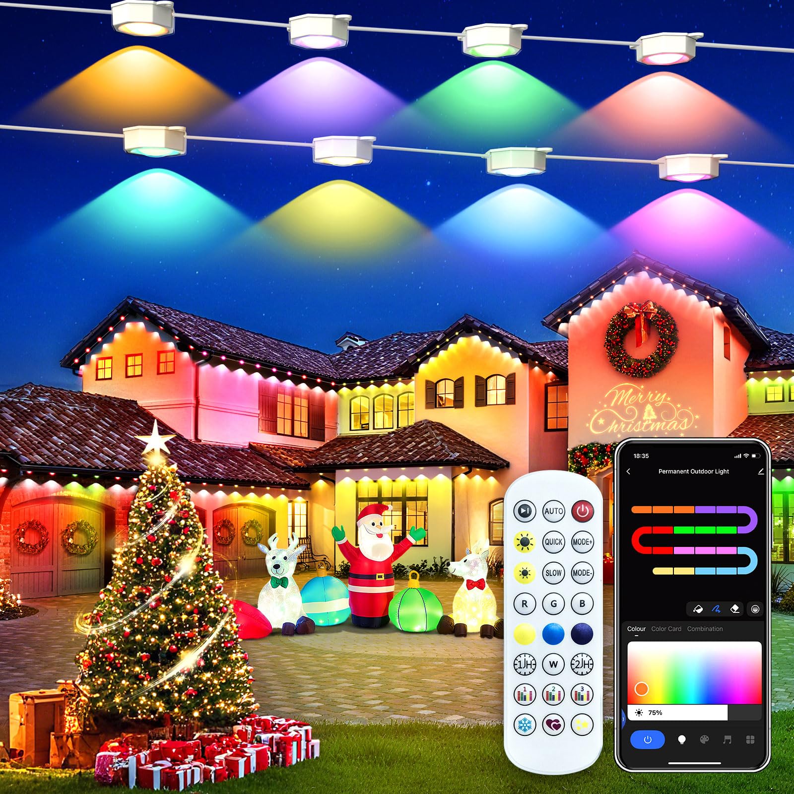 Photo 1 of Smart Permanent Outdoor Lights for House, 99.6ft with 60 RGB+IC Smart LED Eaves Lights, P67 Waterproof with DIY Scene for Halloween Christmas Decor, Remote Control, Work with Alexa, Google Assistant