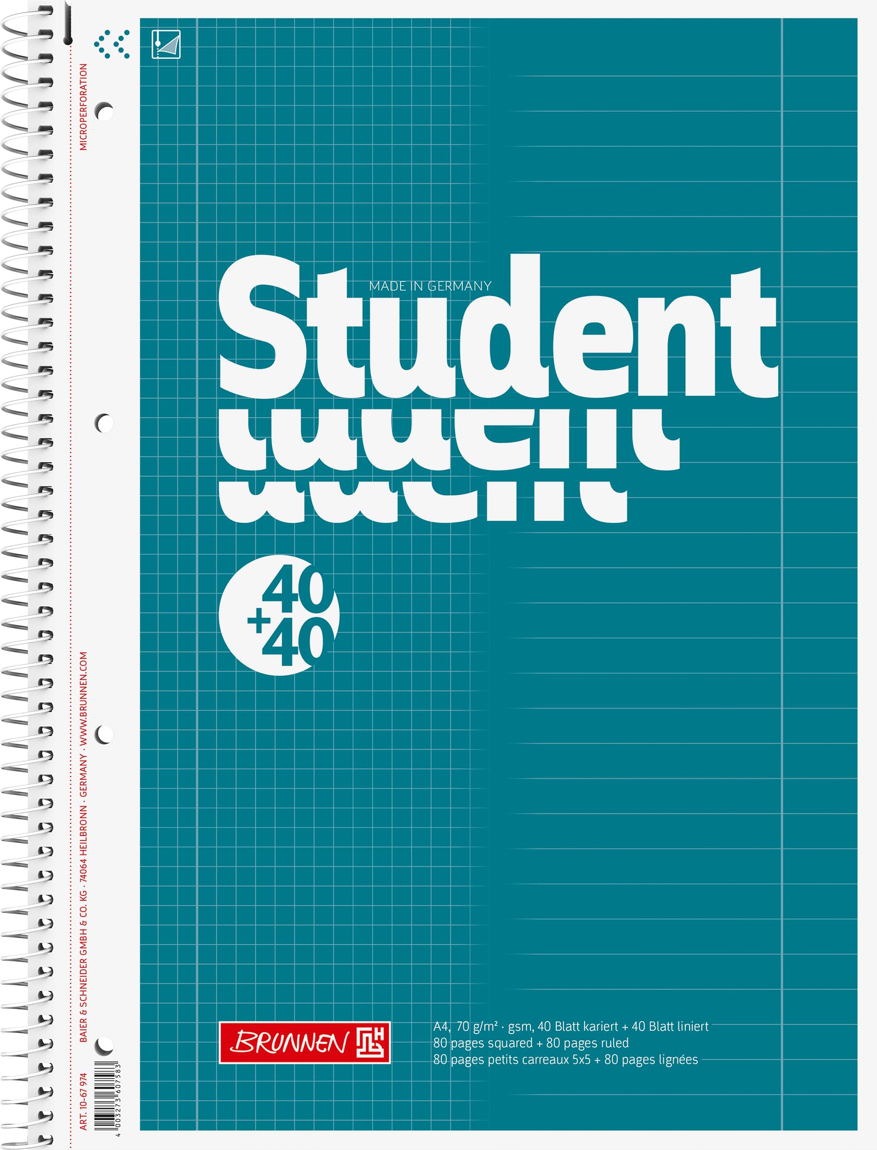 Brunnen 1067974 Notepad/College Notebook Student Duo (A4 Lined (Type 27, 28 Lines) 70gsm, 40 Sheets Ruled, 40 Sheets Squared)