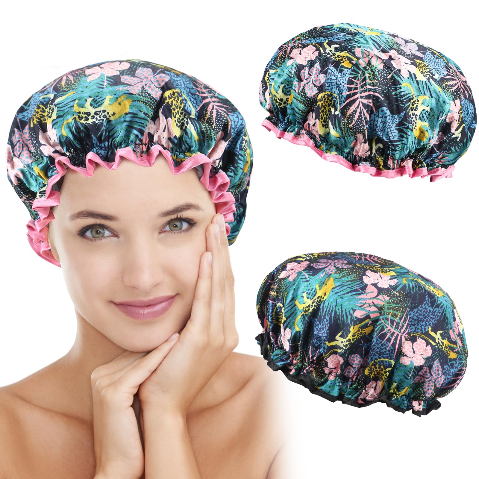 2 Packs Shower Cap Elastic Band Waterproof Bath Caps Double Layers Reusable With Ruffled Edge Covering Ears for Girls and Women