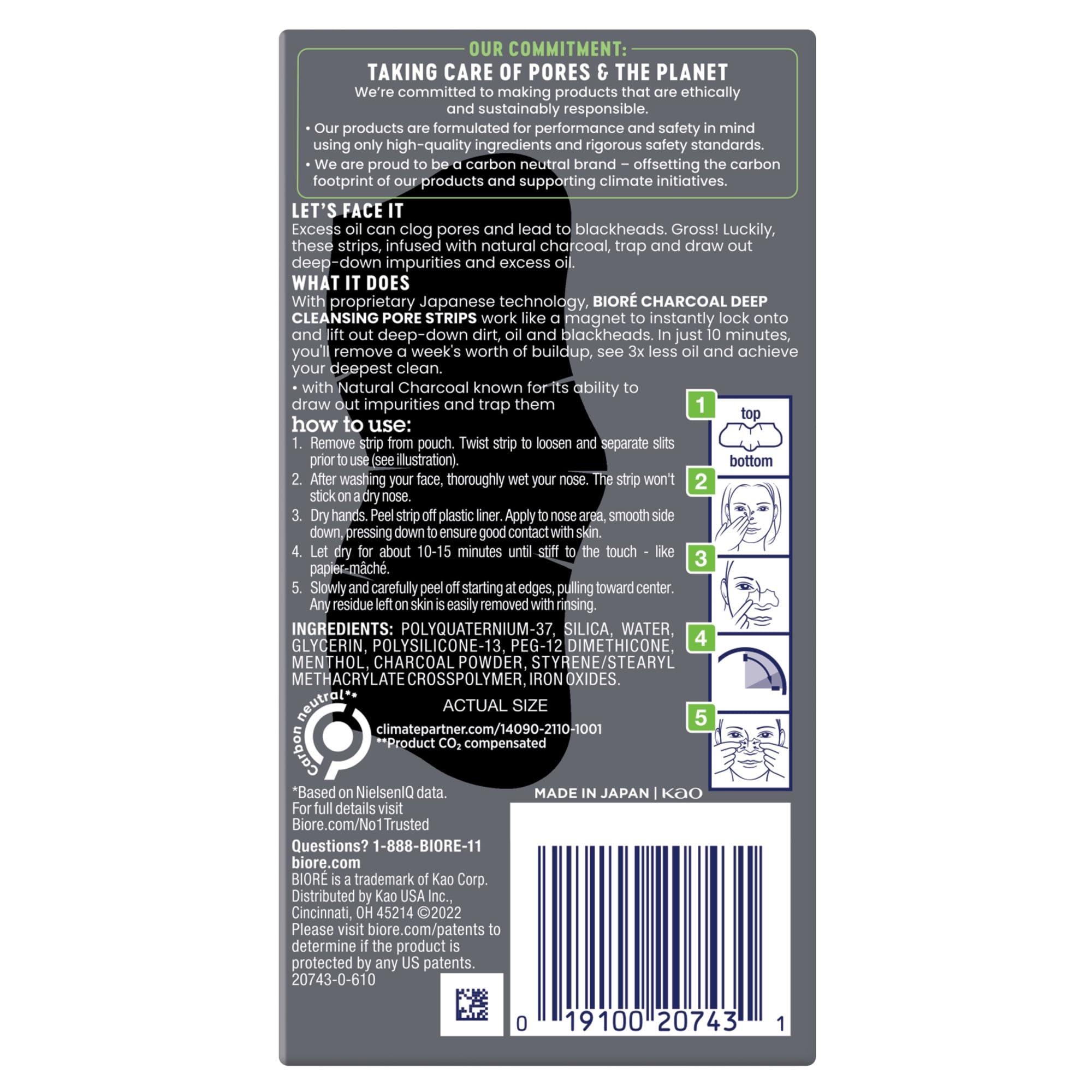 Biore Charcoal Blackhead Remover Pore Strips, Deep Cleansing Nose Strips for Removal and Unclogging, 3X Less Oil, 6 Count