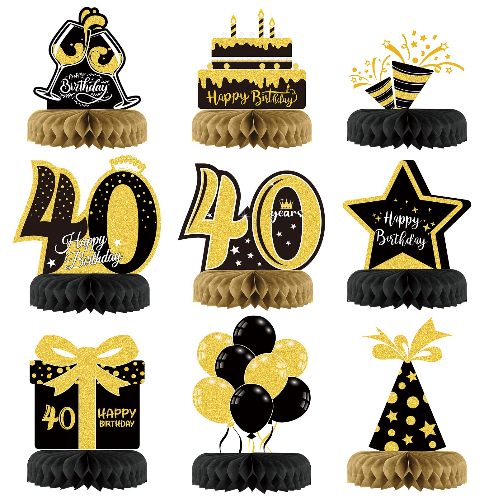HONMOK 9 Pieces 40th Birthday Table Decorations Black and Gold 40th Table Centerpieces Cheers to 40 Years Honeycomb Table Decorations for Men Women Forty Years Birthday Party Decoration Supplies