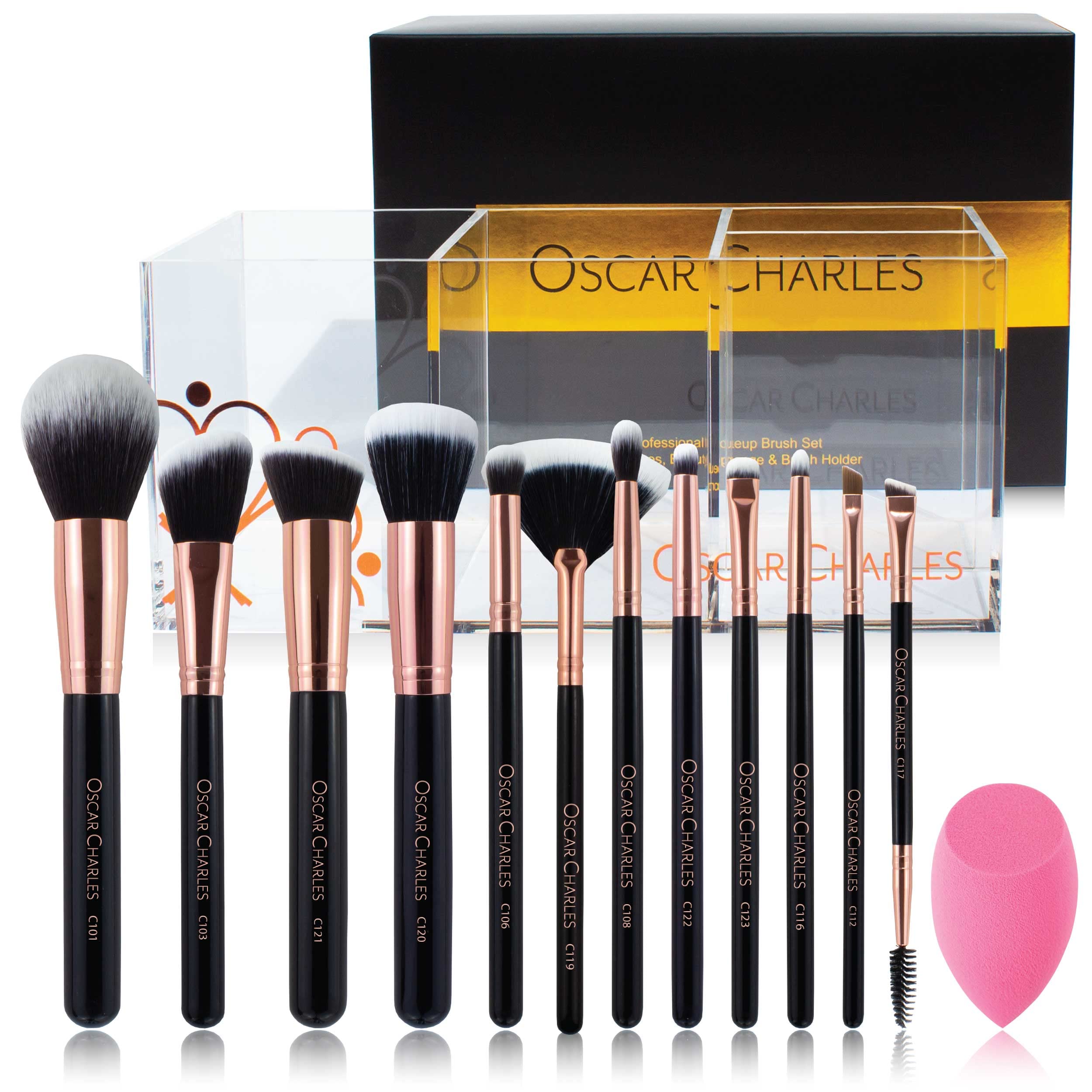 Oscar Charles Make up Brushes Set: 12 Makeup Brushes Professional Grade Fibres Including Brush Holder and Product Guide - Rose Gold