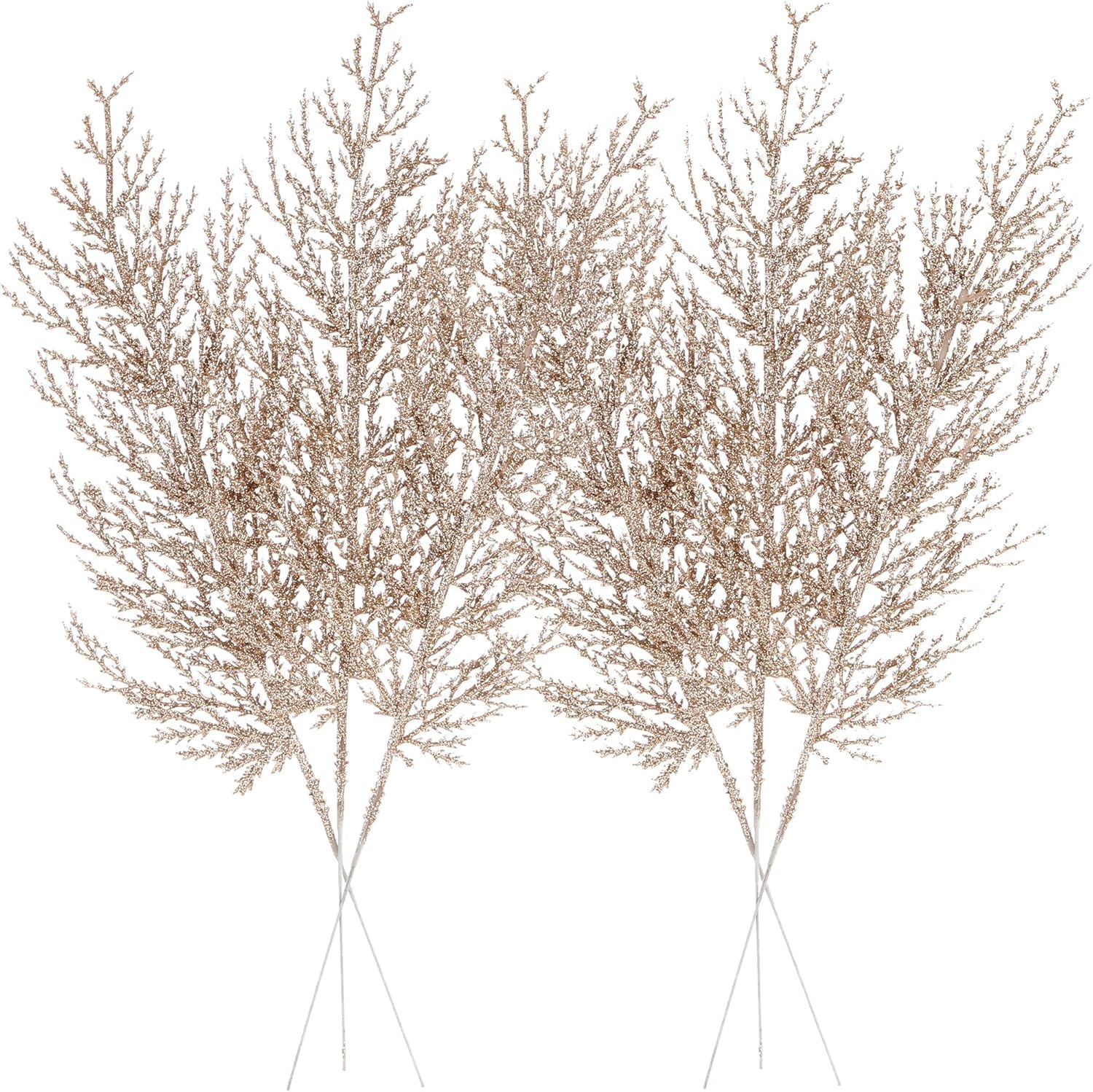 Sea Team 24-Pack Artificial Glitter Pine Tree Twig Ornaments, Decorative Sticks, Glittery Stems, Picks, Branches for Christmas Tree, Small Vase, Holiday, Wedding, Party, 14-inch, Champagne