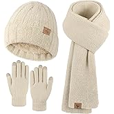 Winter Beanie Hat Scarf Gloves, Warm Fleece Knit Hat Long Scarf Neck Warmer Touch Screen Winter Gloves Set Gifts for Women