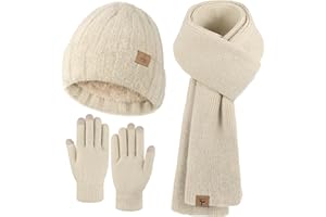LOROME Winter Beanie Hat Scarf Gloves, Warm Fleece Knit Hat Long Scarf Neck Warmer Touch Screen Winter Gloves Set Gifts for Women