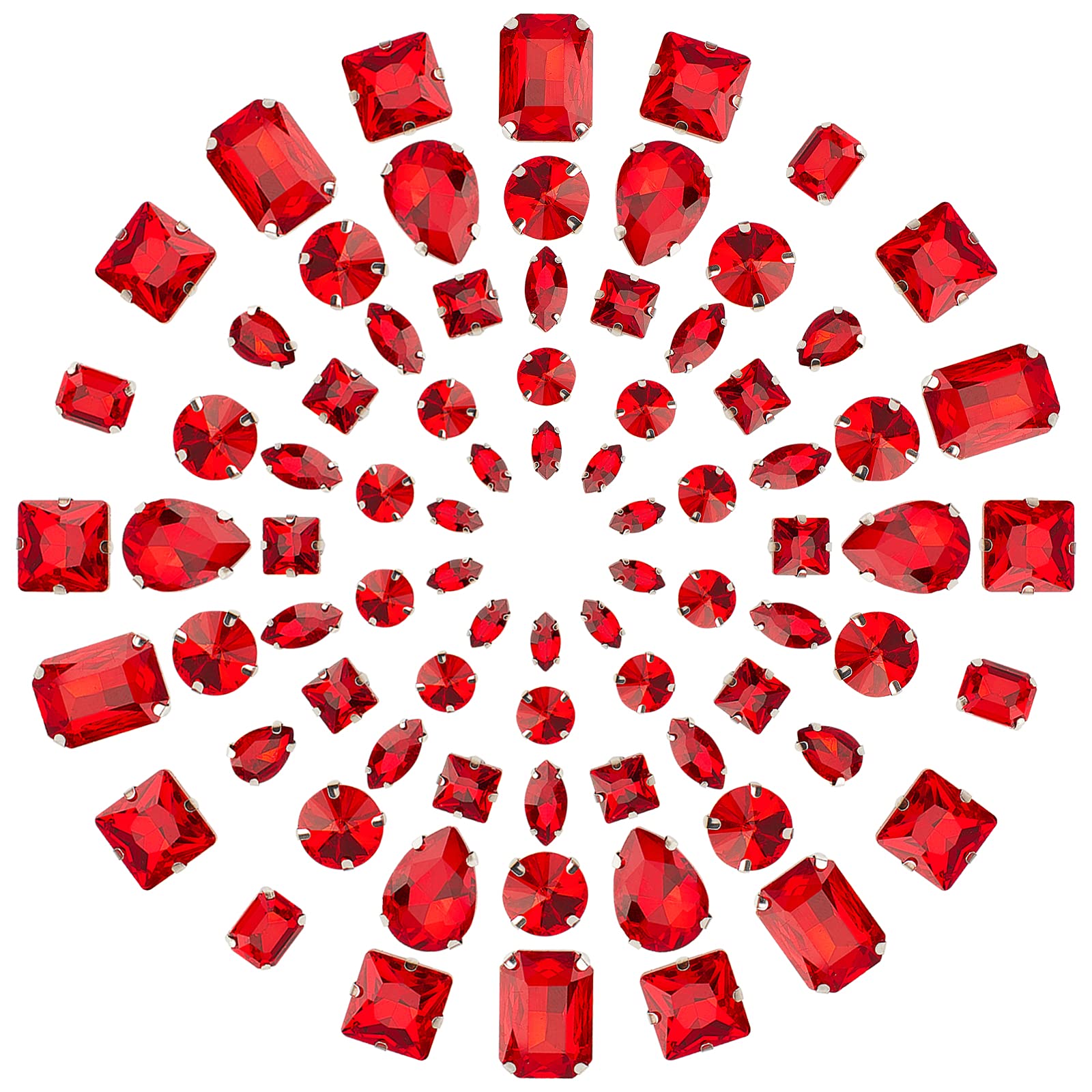 GORGECRAFT 1 Box 100Pcs Sew On Rhinestones 10 Styles Claw Flatback Gemstones Red Glass Rhinestone Teardrop Round Square Sewing Gems for DIY Crafts Jewelry Clothes Bag Shoes Dress Embellishments