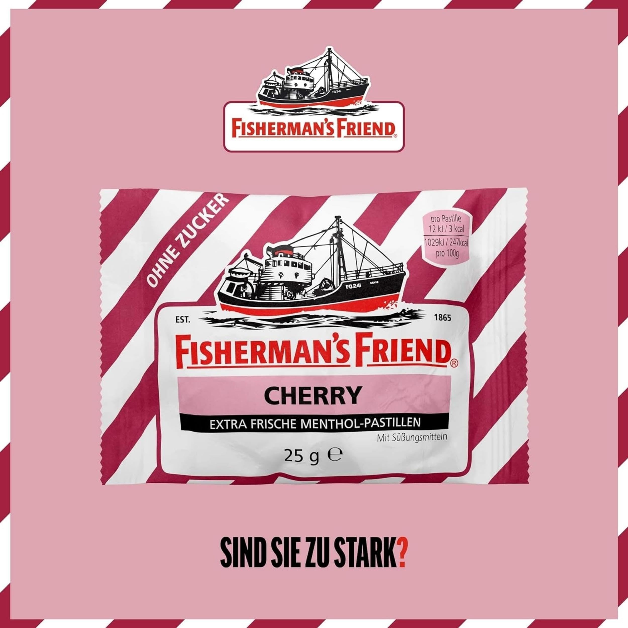 Fisherman's Friend Cherry, 24er Vorratsbox, Kirsche und Menthol Geschmack, zuckerfrei & vegan, Bonbons für frischen Atem, 24 x 25g 2