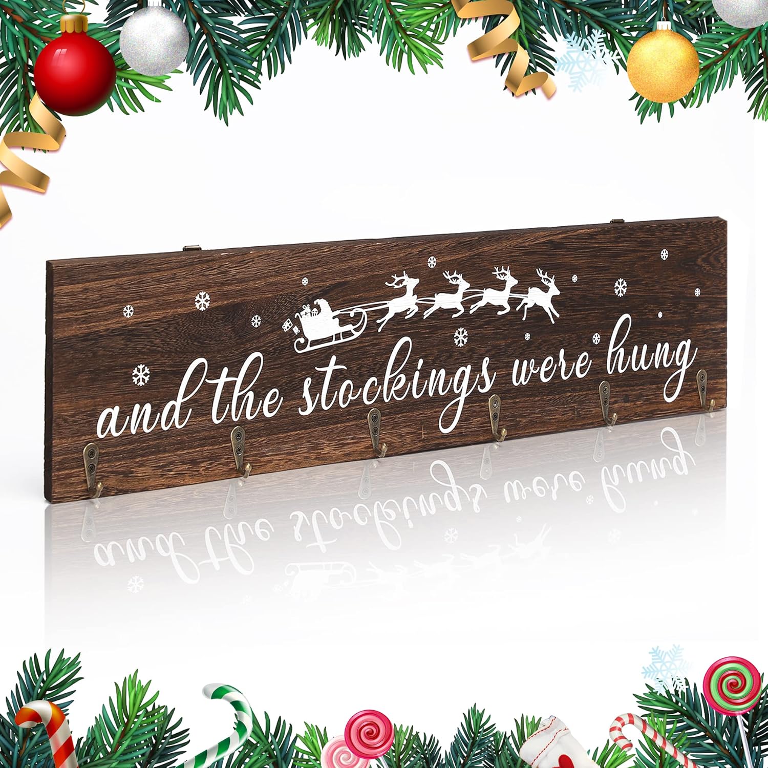 Stockings & Holders - KORMMCO Christmas Stocking Holder, The Stocking were Hung Wood Hanging Sign, Stocking Holder for Wall, Xmas Stocking Holder with 6 Hangers for Fireplace Mantel, 24in