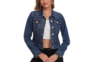 andy & natalie Women's Denim Jackets Cropped Long Sleeve Basic Button Down Crop Jean Shacket with Pockets