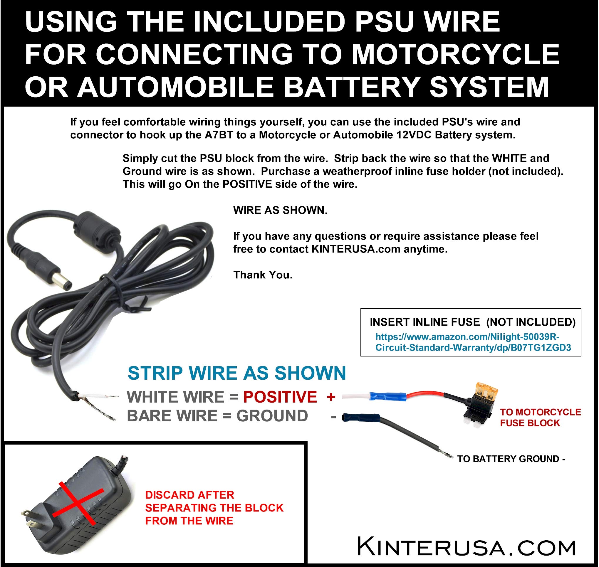 Diagram showing how to hardwire the Kinter A7BT amplifier to a 12V battery system