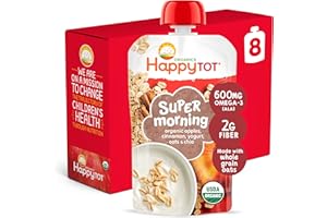 HAPPYTOT Organics Stage 4 Baby Food Pouches, Gluten Free, Super Morning Fruit & Oat Blend, Apple, Cinnamon, Yogurt, Oats & Chia, 4 Oz (Pack of 8)