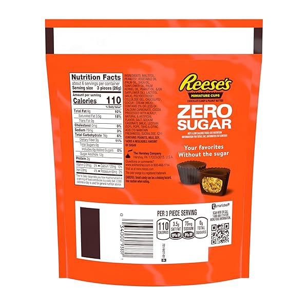 REESE’S ZERO SUGAR MINIATURES CHOCOLATE PEANUT BUTTER CUPS, CANDY BAG, 5.1 OZ