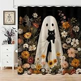 Mocsicka Halloween Ghost Shower Curtain Cute Ghost Black Cat Bathroom Shower Curtain Halloween Spooky Floral Waterproof Fabric Shower Curtains Bathtub Decor with 12 Hooks 72 X 72 Inch
