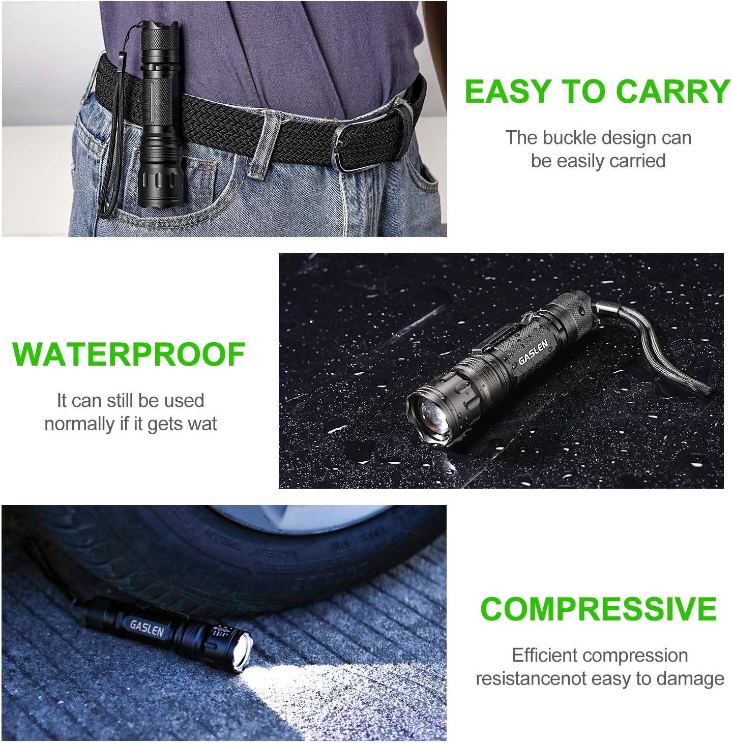 Gaslen LED Tactical Flashlight Rechargeable High Lumen Portable Water Resistant Torch Light, Zoomable, Best Camping, Outdoor, Emergency, Everyday Flashlights with 18650 Battery and Charger Included - - 