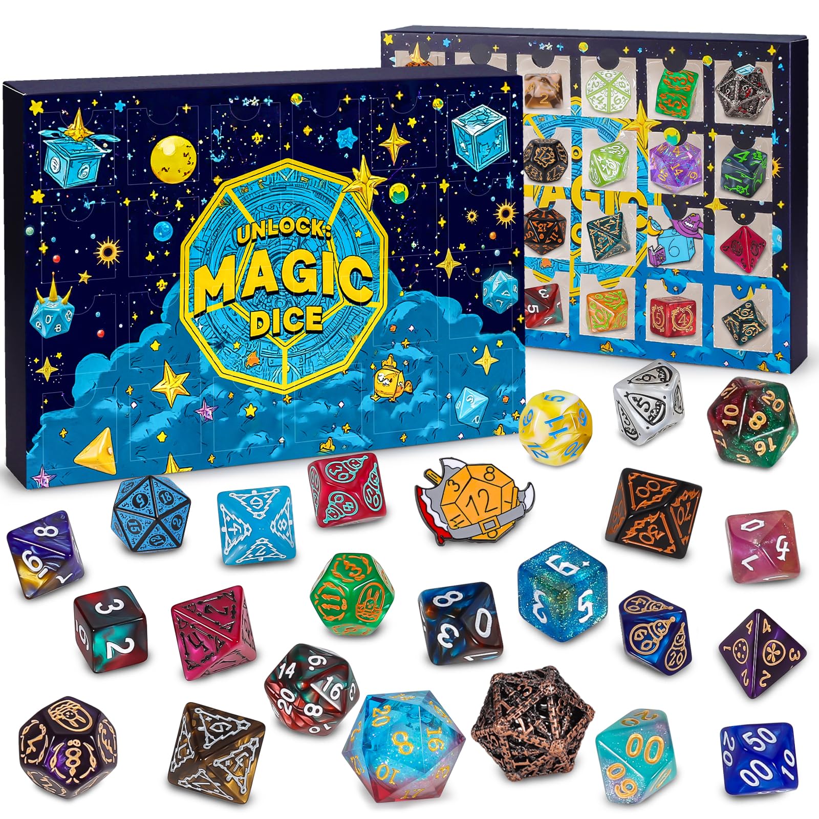 QMAY Mystery Dice, 24 PCS Polyhedral Dice Random Style for Dungeon and Dragons MTG Table Games RPG DND D20 D12 D10 D% D8 D6 D4 — image 1