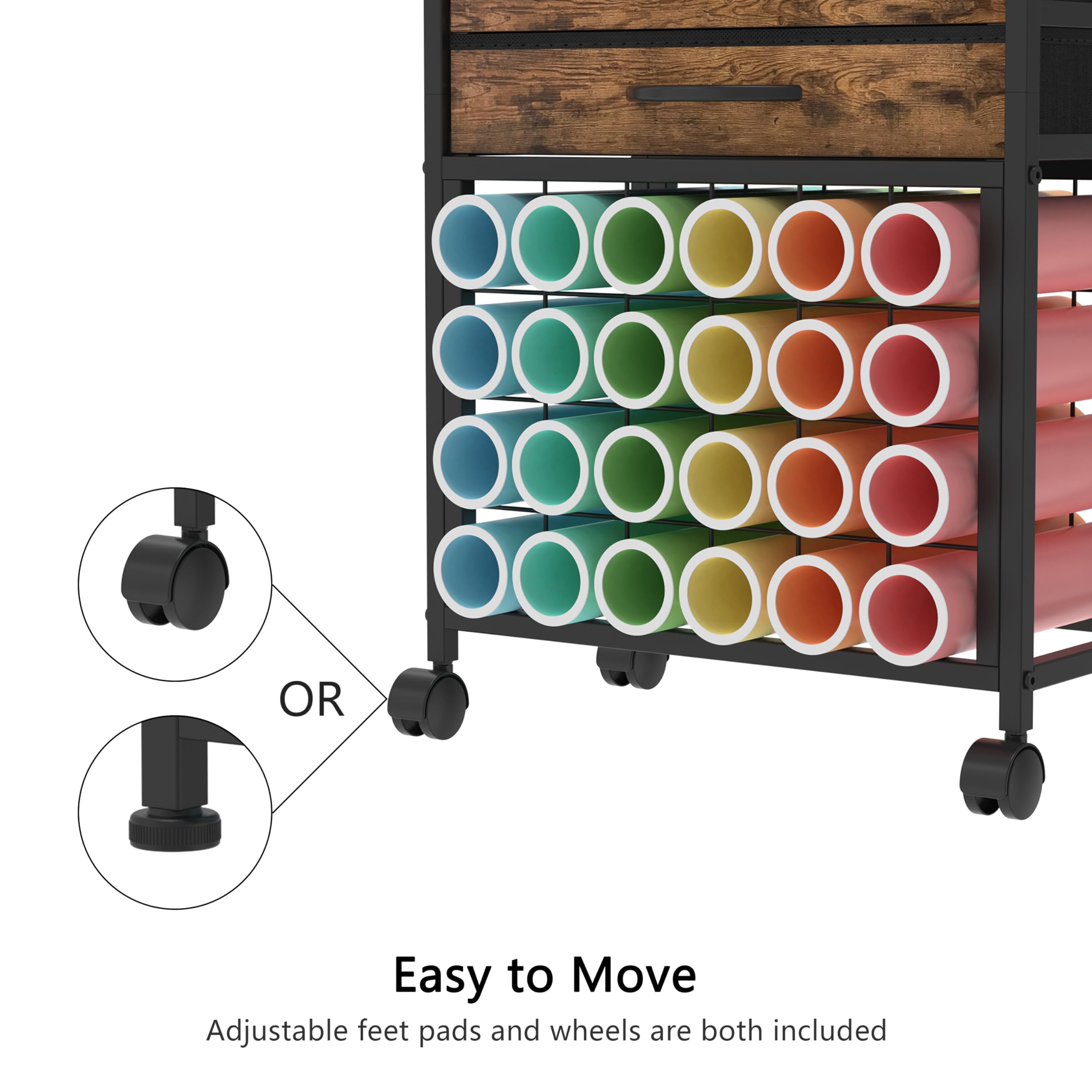 Organizer and Storage Stand Compatible with Cricut Machines,Rolling Storage Cart/Shelf with 24 Vinyl Roll Holders，2 Fabric Drawer,Accessories Holder,Tool Hook for Craft Room Home (Rustic Brown)