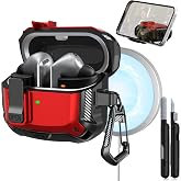 RFUNGUANGO Compatible with Samsung Galaxy Buds 3 Pro Case(2024) / Buds3 FE (2025) / Buds 3 Case (2024) with Carabiner &amp; Cleaning Kit Phone Stand, Strong Drop Protection, Red