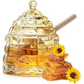 Glass Honey Pot with Wooden Dipper Stick, 3.7 OZ Honey Holder Dispenser | Champagne Beehive Crystal Honey Jar with Lid for Home Kitchen, Modern Honey Syrup Container for Storage Gift