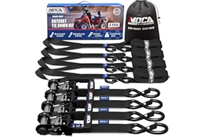 MOCA AUTOPARTS MOCA Black Heavy Duty Ratchet Tie Down Straps - 5200 Lbs Breaking Strength 1.6" x 8', Includes 4 Heavy Duty Ratchet Padded Handles & Coated Chromoly S Hooks & 4 Soft Loop Tie-Downs