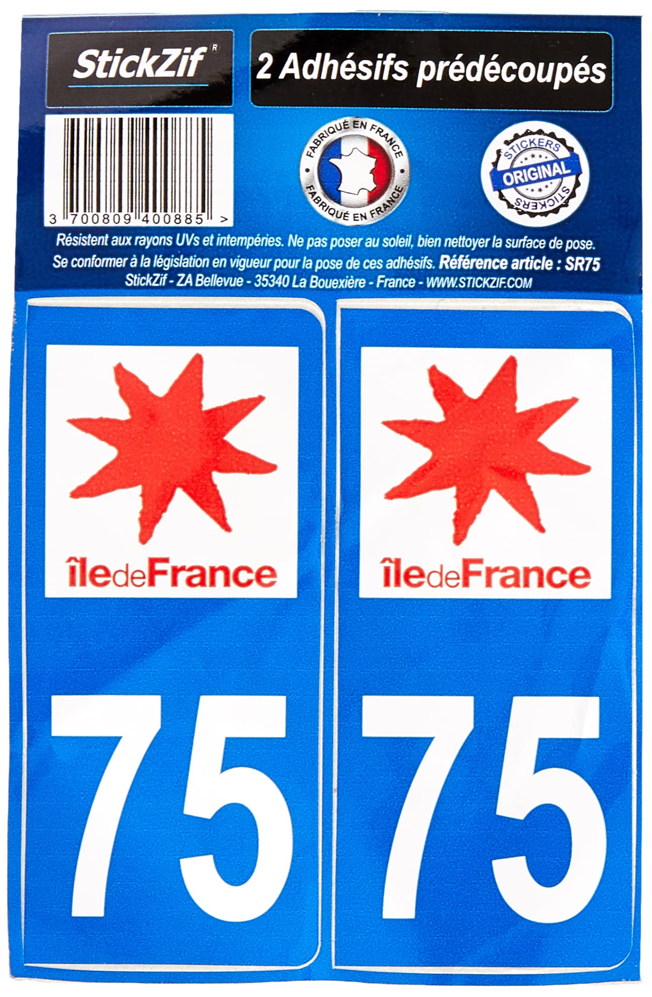 STICKZIF SR75 2 Self-Adhesive Department Stickers Department 75 Île-de-France, Set of 2