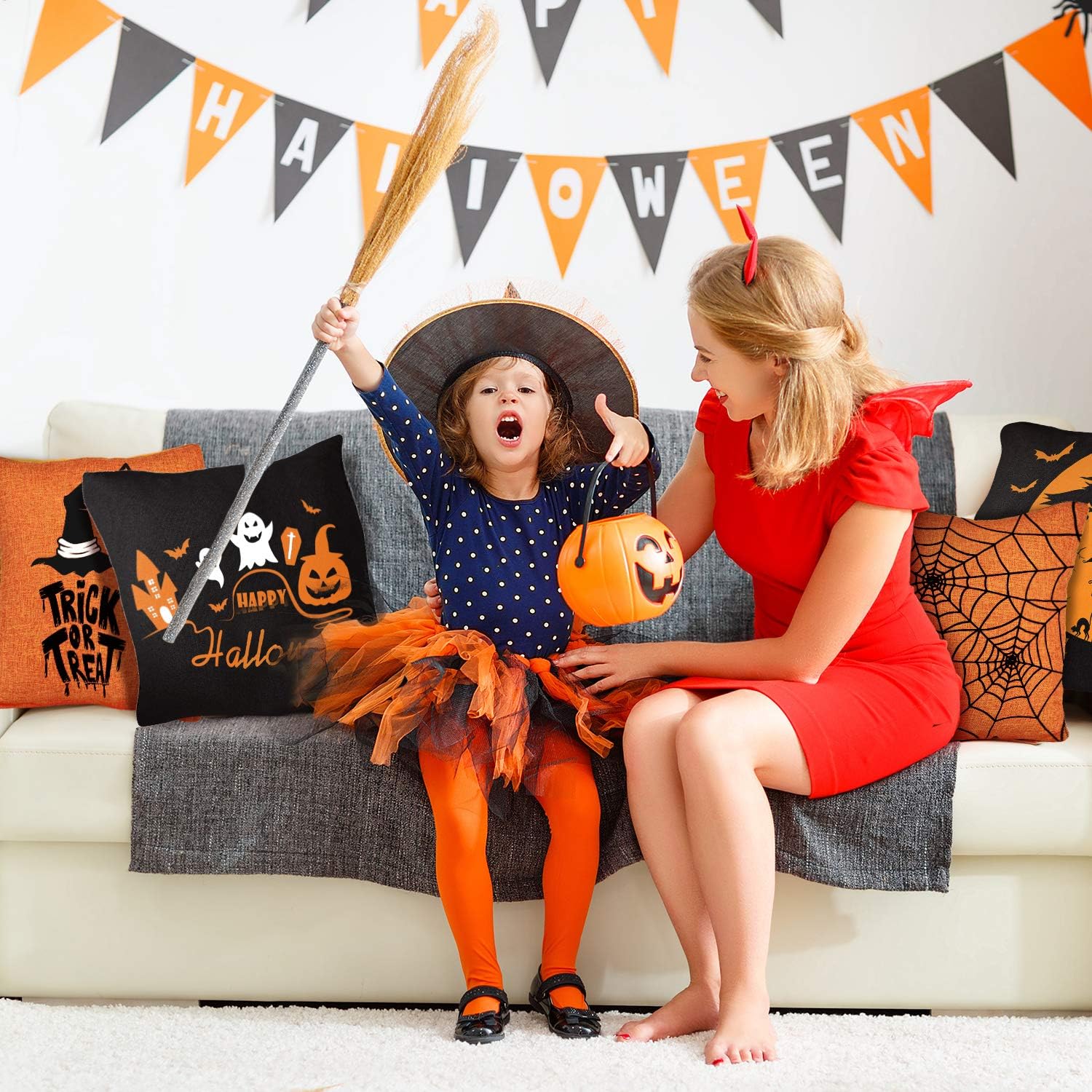 Whaline 4 Pieces Halloween Pillow Case, Orange and Black Pillow Cover, Happy Halloween Linen Sofa Bed Throw Cushion Cover Decoration (18" x 18"): Home & Kitchen
