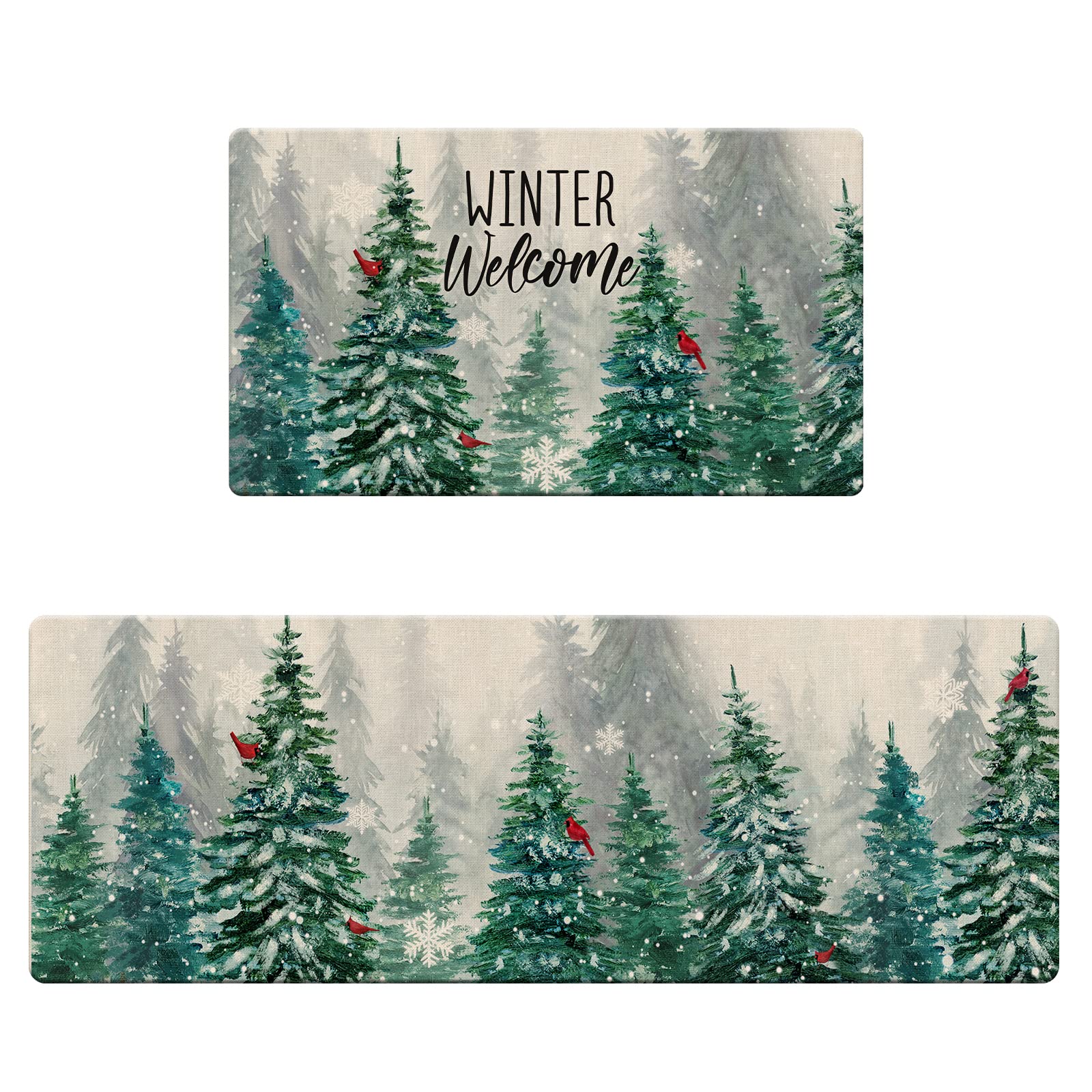 Photo 1 of Stology Winter Welcome Decorative Kitchen Rugs Set of 2, Farmhouse Pine Tree Cardinal Kitchen Mat Snowflakes Non-Slip Floor Mat, Winter Decorations for Home Kitchen - 17x29 and 17x47 Inch