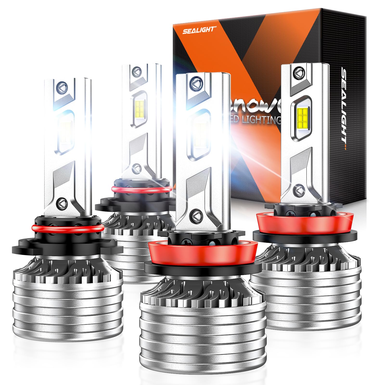 SEALIGHT HB3/9005 H8/H9/H11 Fog Bulbs Combo, 140000LM Super Brightness, Cool White, 360° Adjustable, 9005 H11 Bulbs with 20,000RPM Turbo Cooling Fan, 20-Year Warranty Plug and Play, Pack of 4 Image