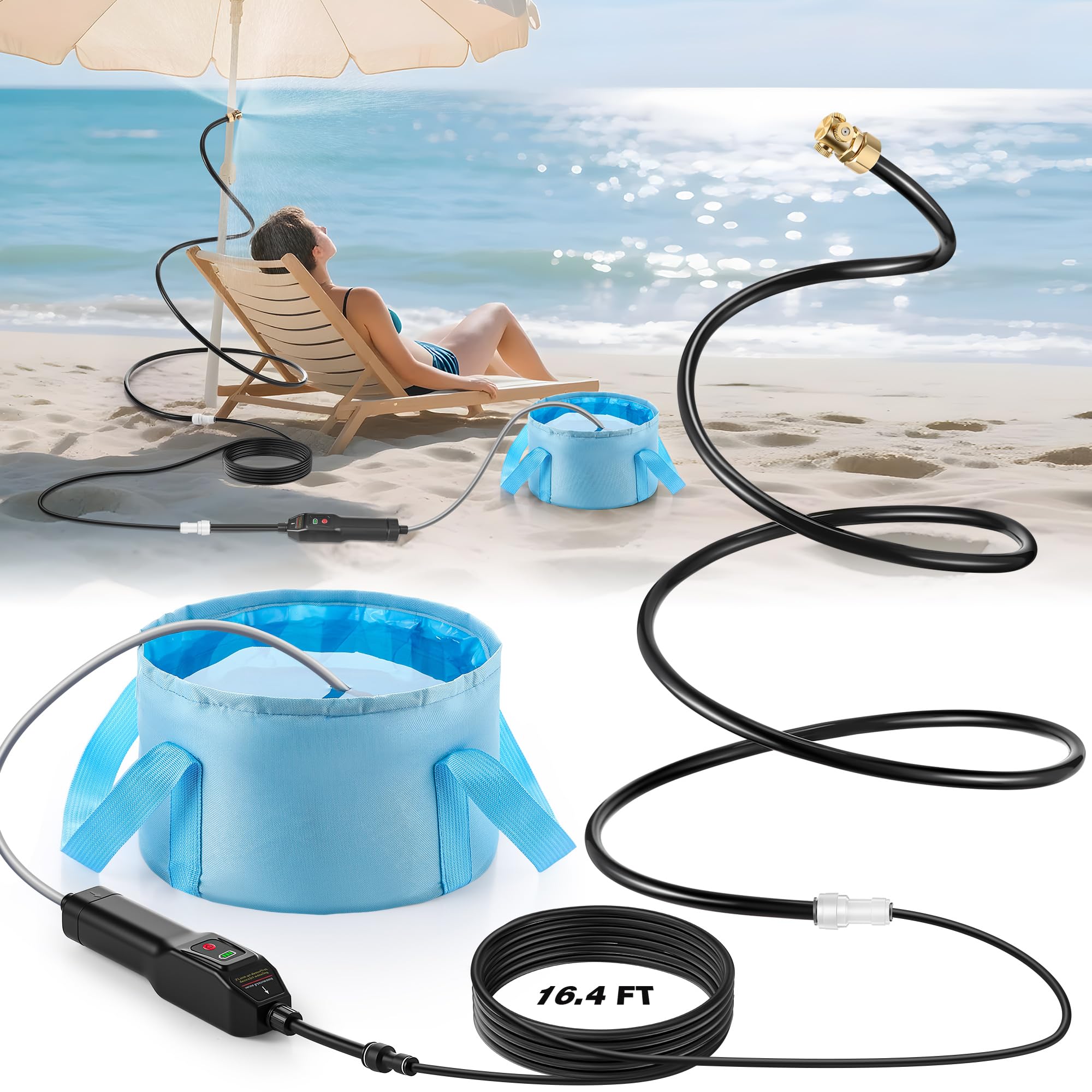 Photo 1 of Portable Misting System with Water Pump, Outdoor Patio Mister with 15L Water Bag, 3 Way Fine Mist Nozzles Cooling Mister, Hose Misting System for Cooling Outdoor, Water Mist Playing, Bird Bath