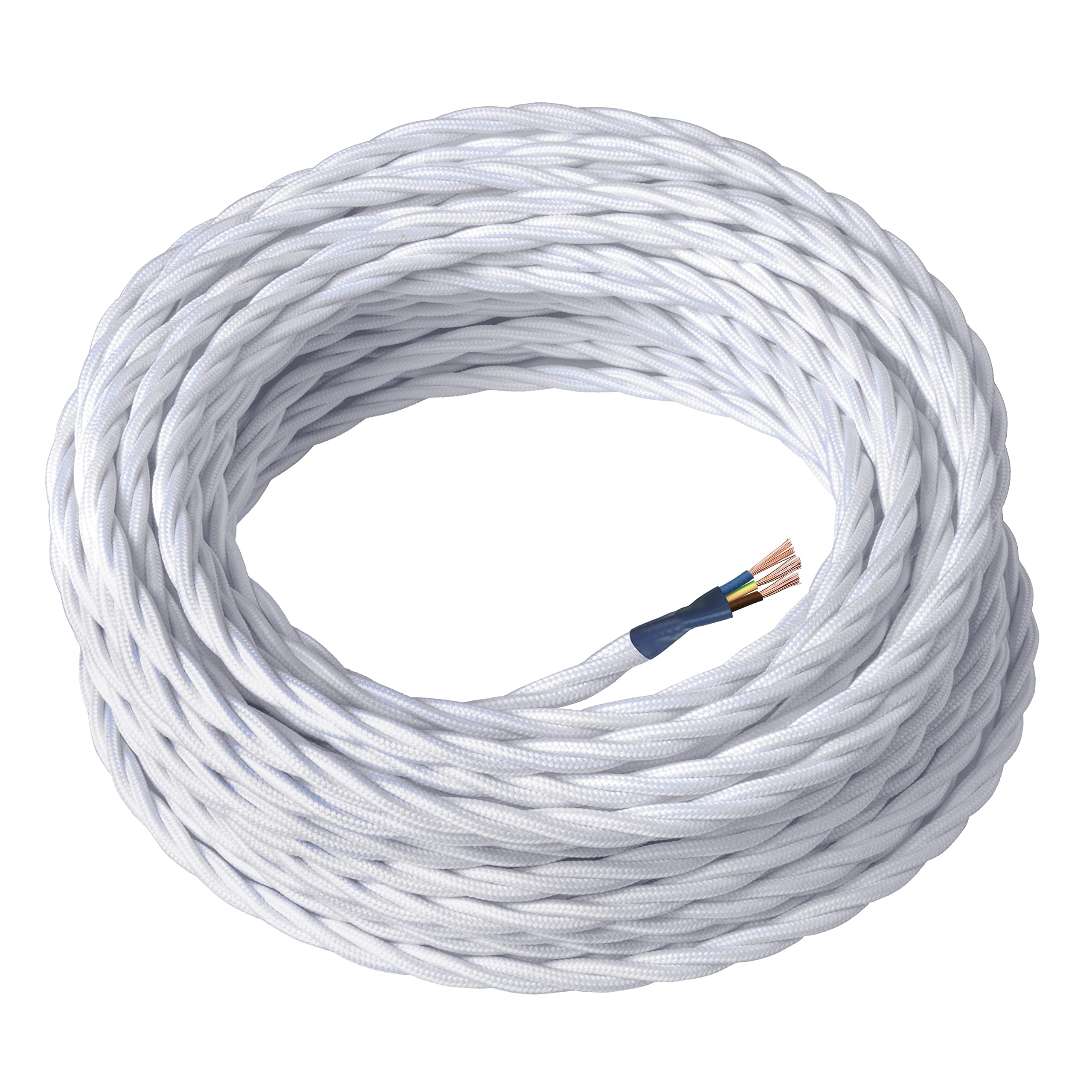 Amarcords - Textile Color WHITE Electric cable, braided silk, 10 meters, grounded 3x0,75mm - Wire coated in colored vintage fabric chandelier lamp sconces and lampshades.