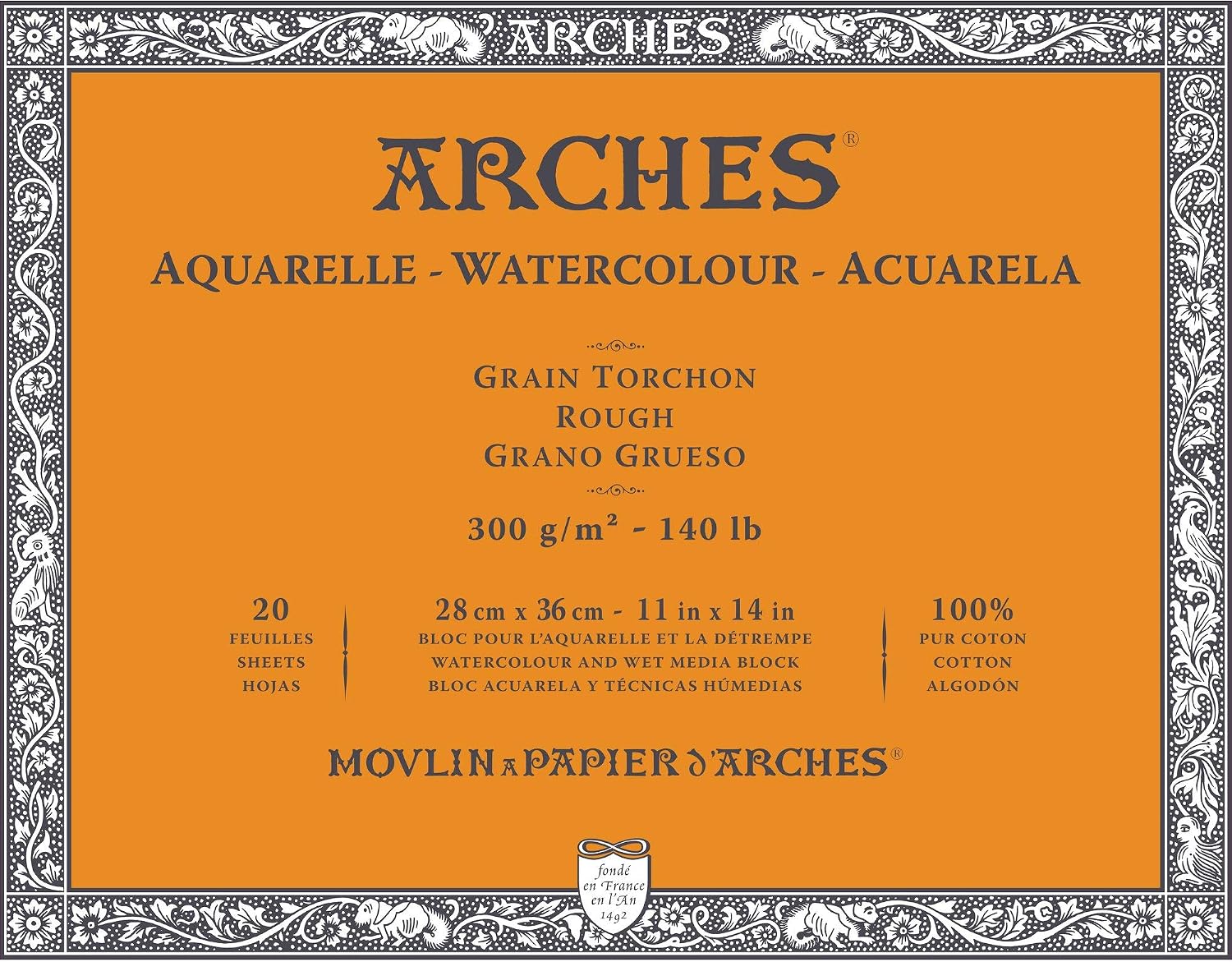 ARCHES Aquarelle - Pad of 20 Sheets 28 x 36 cm Glued 4 Sides - 300 g/m² - Tea Towel Grain, Natural White, 4 Free Edges