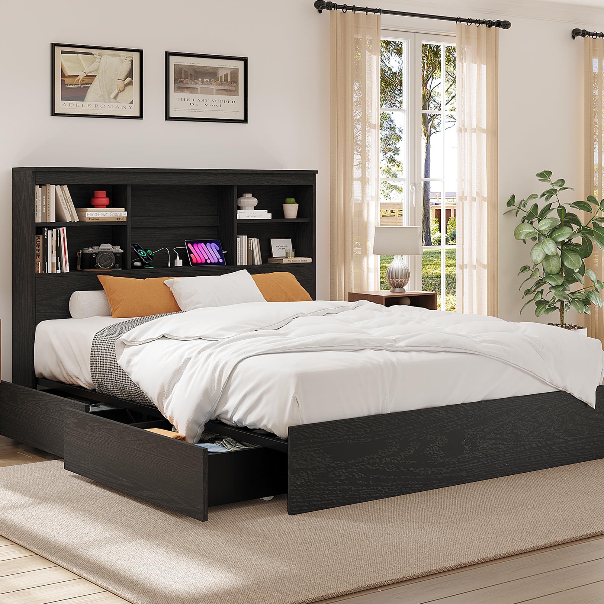 Photo 1 of (4/17/2026 ***FINAL SALE/NO RETURN, SOLD AS PARTS***)
GarveeHome King Size Bed Frame with High Storage Bookcase Headboard, Wood Bed Frame with 4 Storage Drawers, Built in Charging Station, No Box Spring Needed, Metal Frame, Noise-Free, Vintage Black