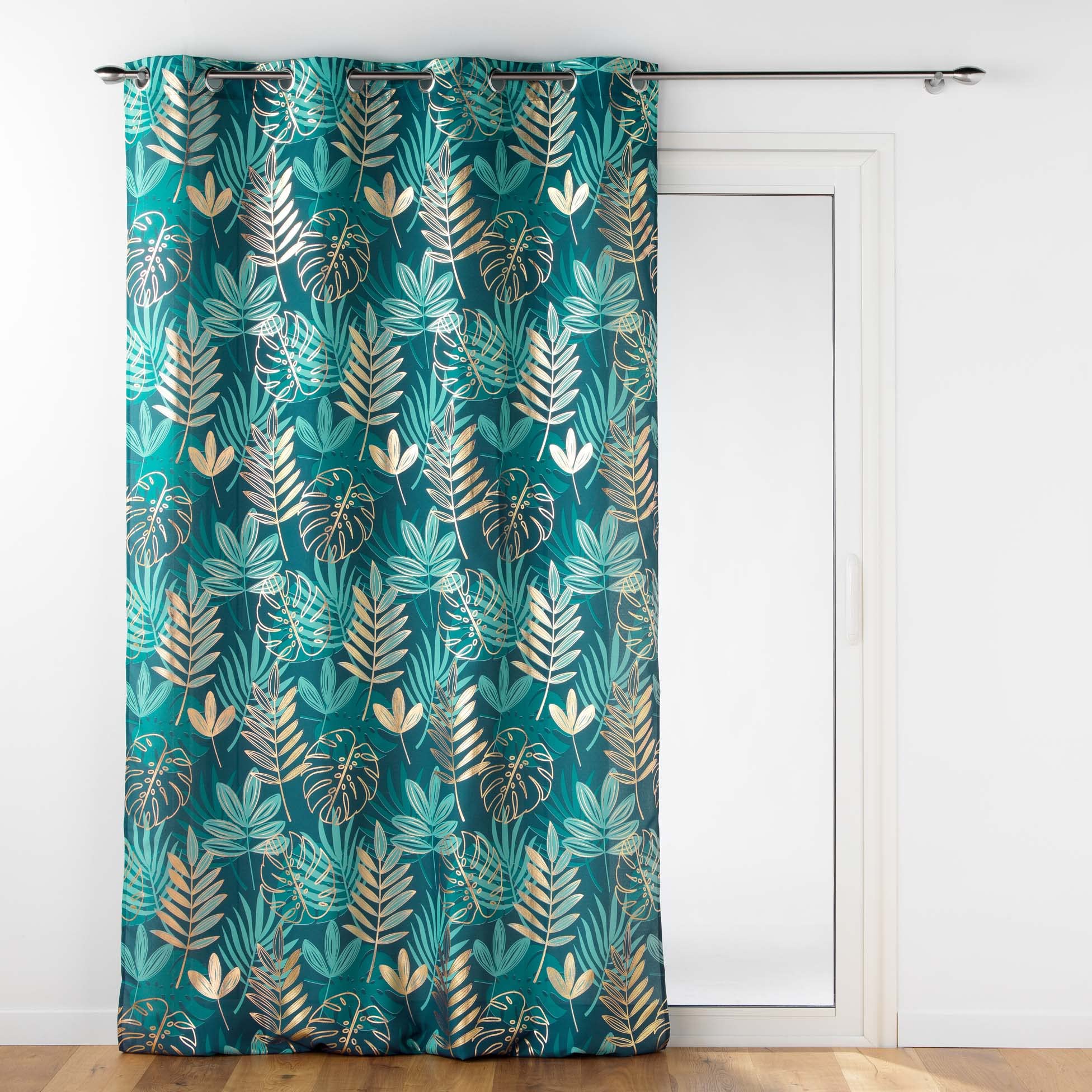 Douceur d'Intérieur, Emerald Polyester Printed Metallic Ornella Eyelet Curtain 140 x 260 cm