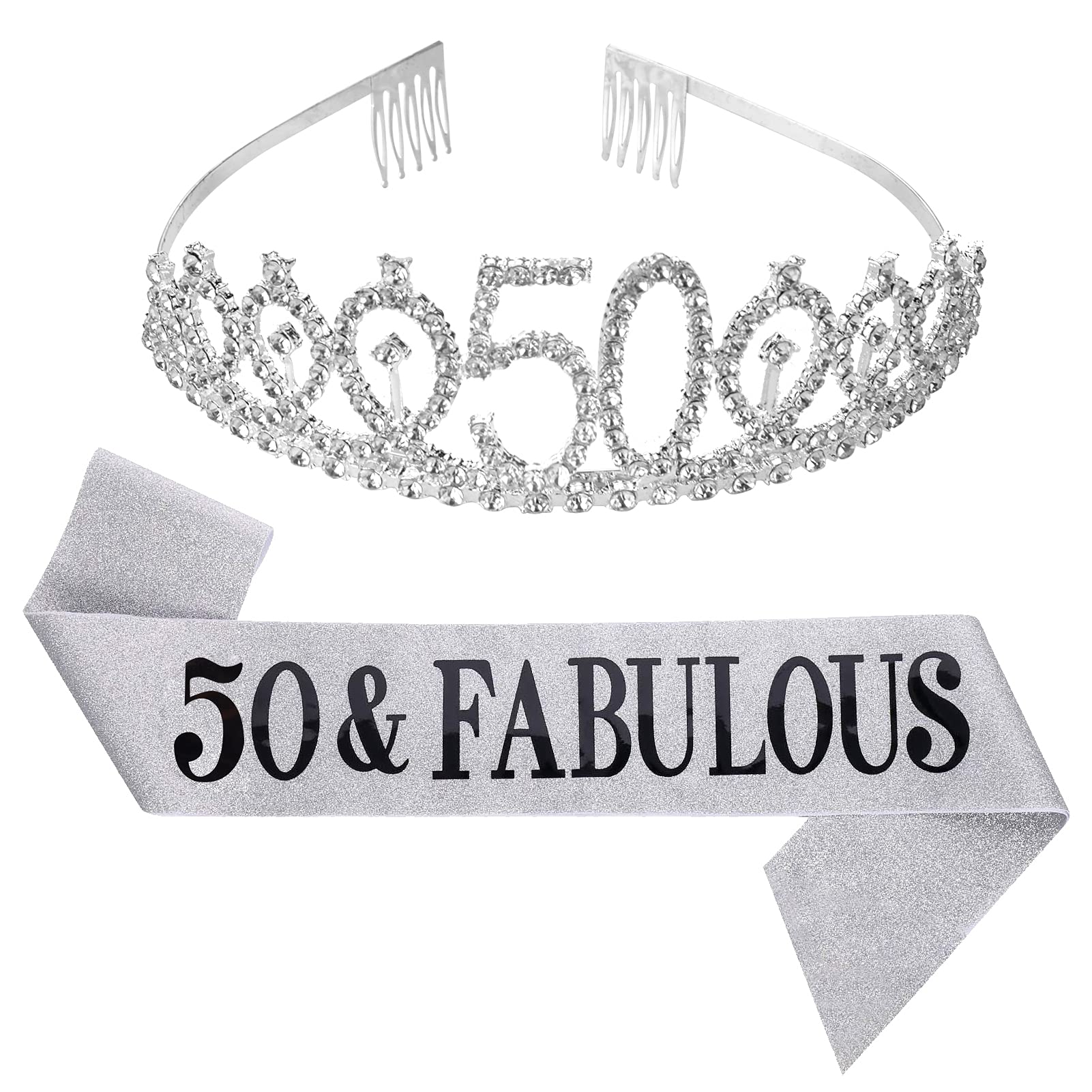 AIBAOBAO 50th Fabulous Sash and Rhinestone Tiara Kit, Birthday Gifts Celebration Decoration, Festival Party Supplies Accessories, Fabulous Sash and Rhinestone Tiara Set