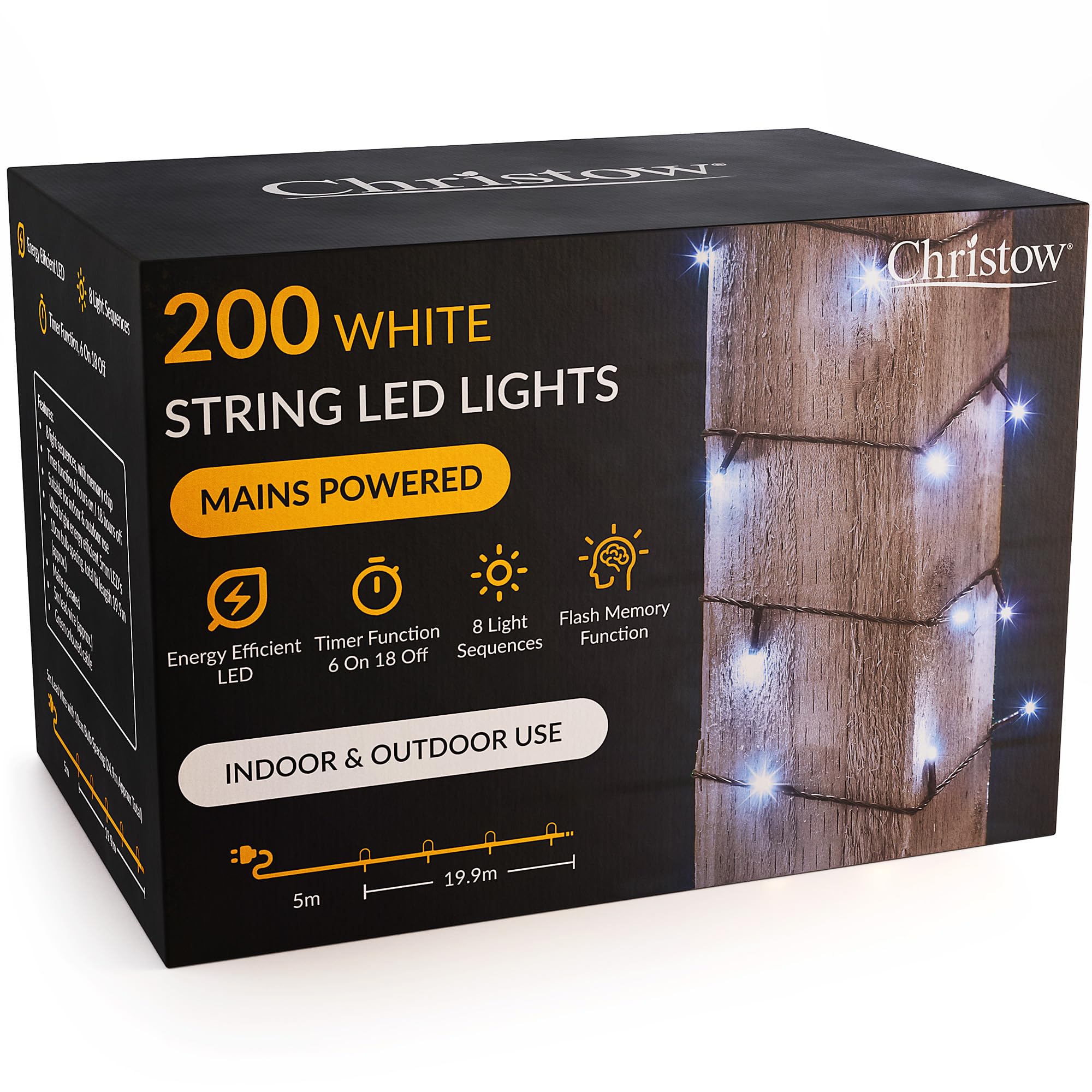 CHRISTOW Christmas Fairy Lights, White LED String Lighting with Timer, Indoor & Outdoor, Tree Lights, Mains Operated, 8 Light Modes Flashing & Static, Green Cable (200 LED / 20m Lit Length)