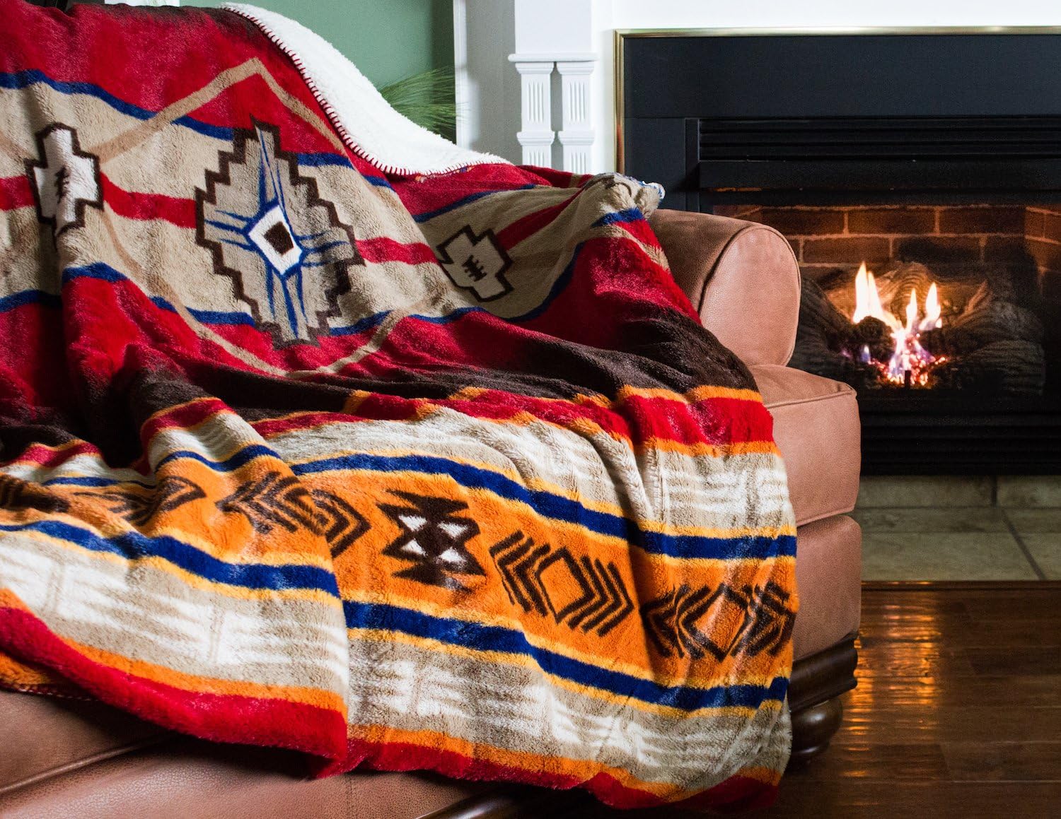 Cozy Fleece Oversized Southwestern Throw with Reverse Sherpa, 60 by 80